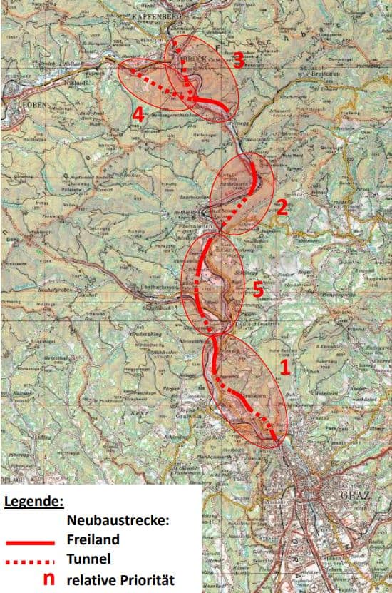 Karte des etappenweisen Ausbaus Graz-Bruck/Mur