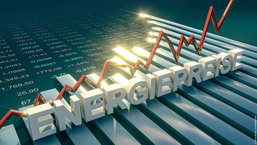 Energiepreise in grauen Buchstaben auf einem liegenden Balkendiagramm. Im Hintergrund ein rotes Liniendigramm mit Hoch- und Tiefpunkten.