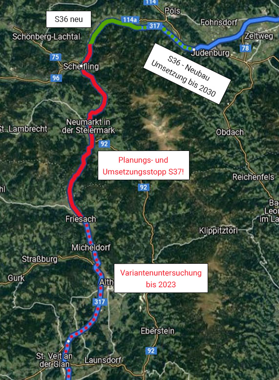Karte aus Google Maps mit der S37/S37 von Judenburg bis Kärnten, in welcher der geplante Ausbau des Straßenstücks eingezeichnet ist. 