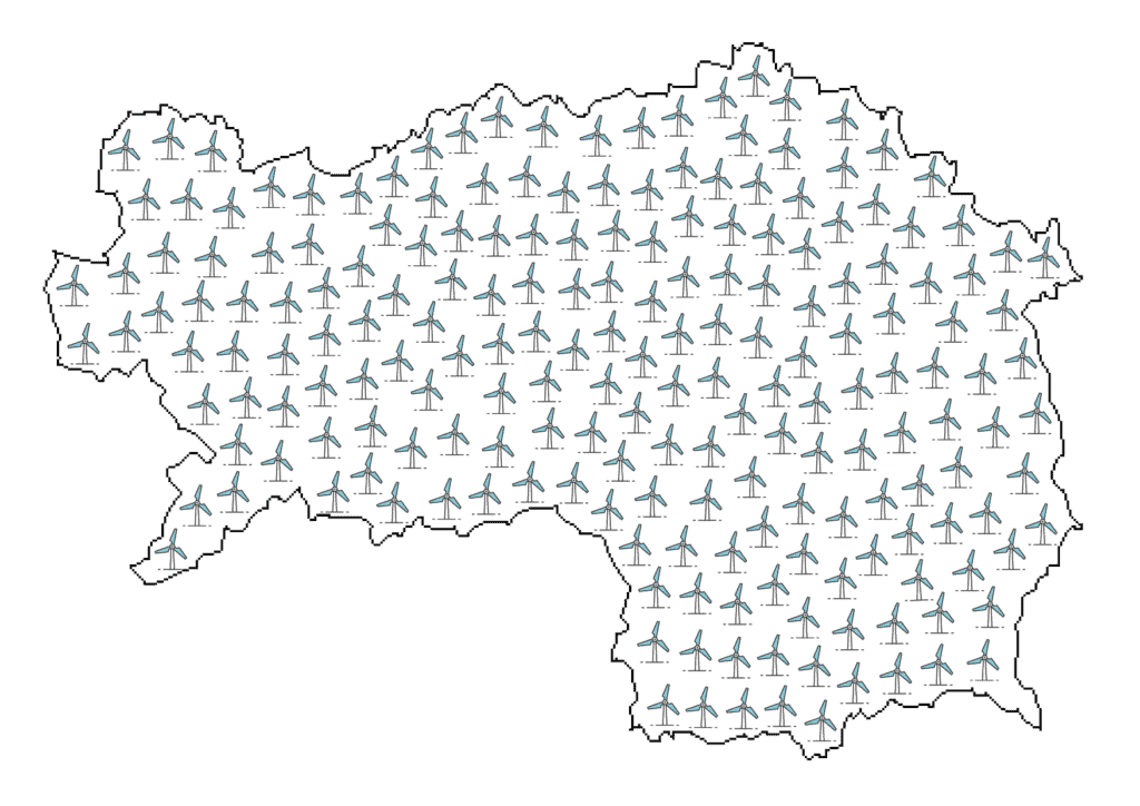 Grafik Steiermarkkarte mit 140 Windrädern