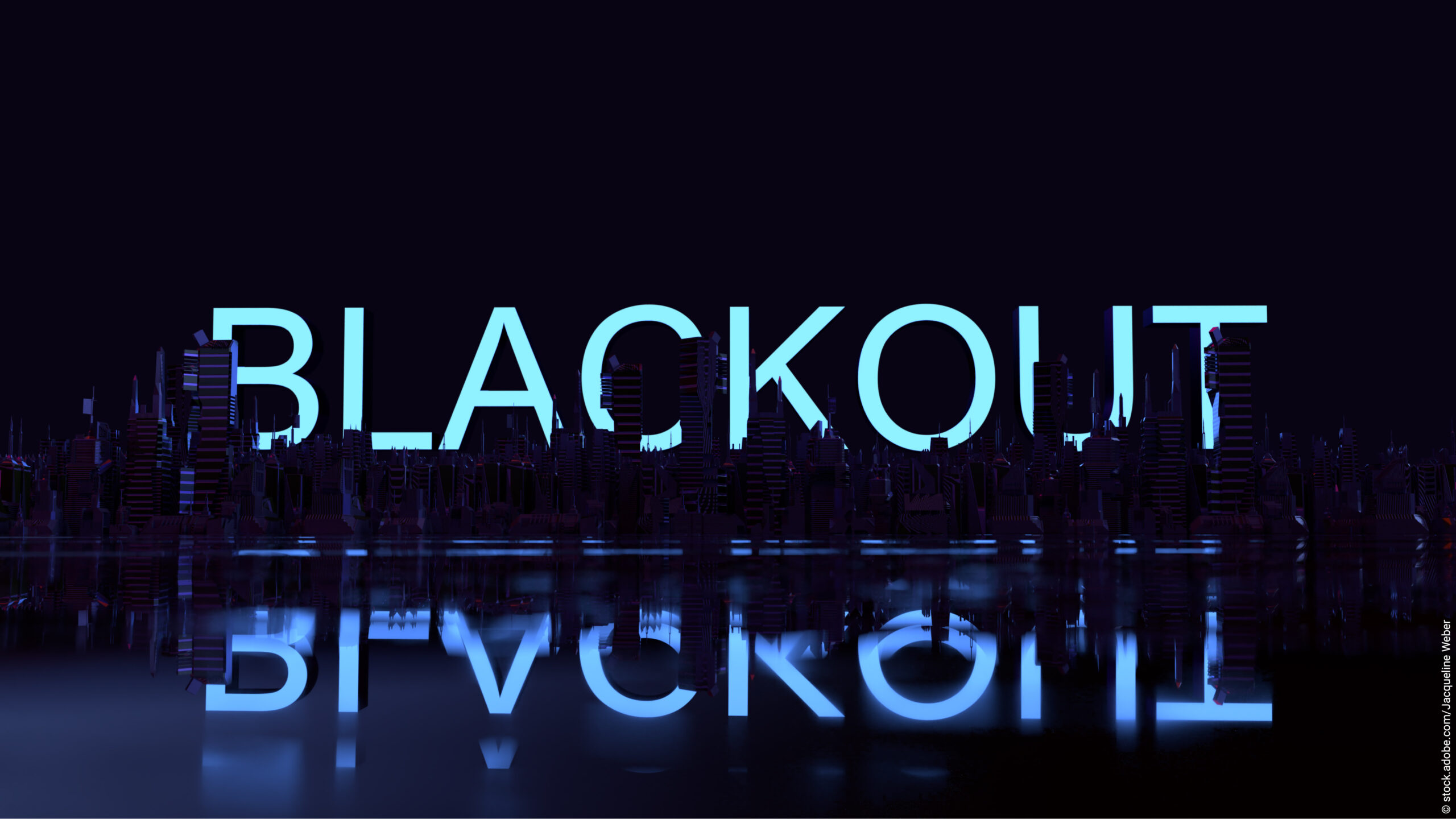 Düstere Skyline bei Nacht mit neon leuchtendem Schriftzug aus dem Wort Blackout