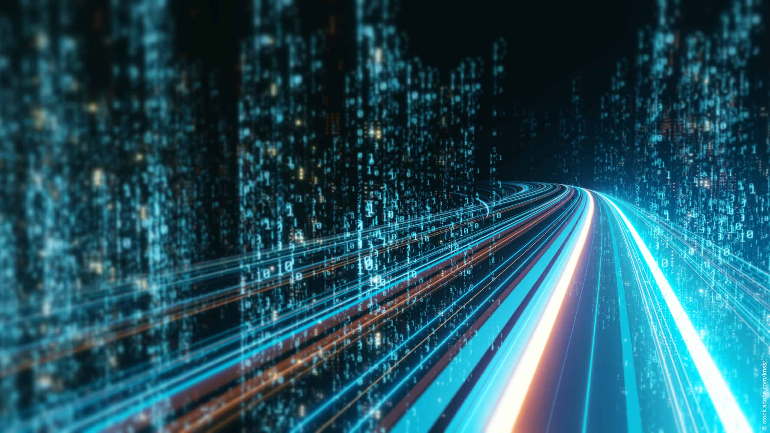 3D-Visualisierung einer abstrakten Autobahnstrecke durch digitale Hochhäuser in einer Stadt als Symbol für den Breitbandausbau in der Steiermark.