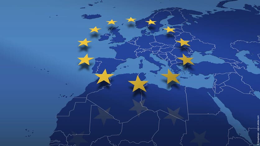 Bild europäischer Binnenmarkt: Weltkarte mit einem Ring aus gelben Sternen, welche den Binnenmarkt umrahmen.